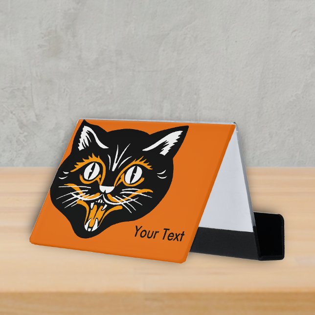Fun Happy Vintage black Orange Classic Cat Face Desk Business Card Holder (Happy Vintage halloween black cat face fangs white accents on deep orange business card holder.)