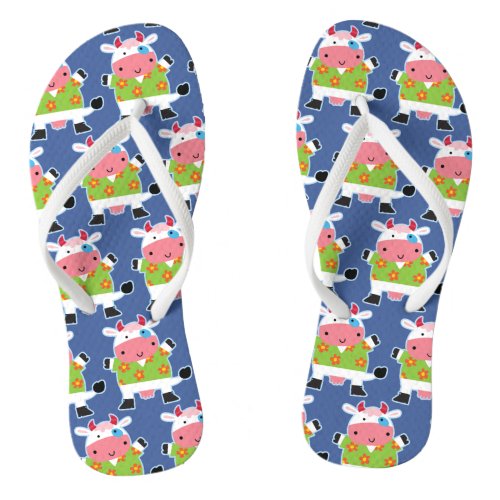 Fun Hawaiian Shirt Cartoon Cow Flip Flops