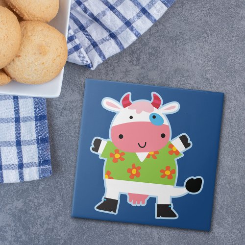 Fun Hawaiian Shirt Cartoon Cow Tile