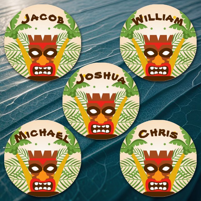 Fun Hawaiian Tiki Name Retro Island Vibes Kids Labels (Retro Hawaiian tiki kids' name labels are playful, fun and full of island charm.)