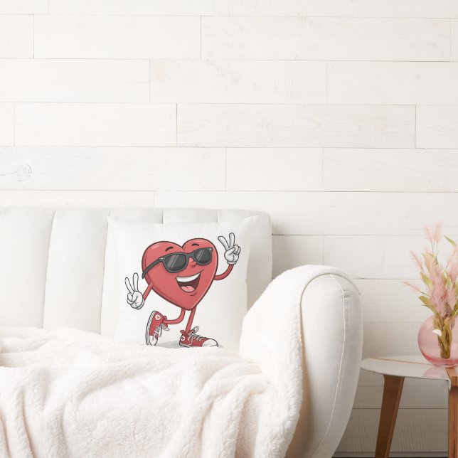 Fun Heart Cartoon with Sunglasses Funny Throw Pillow (Couch)