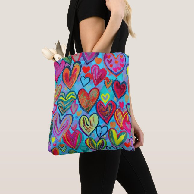 Fun Heart Pattern Blue Mix Tote Bag (Close Up)