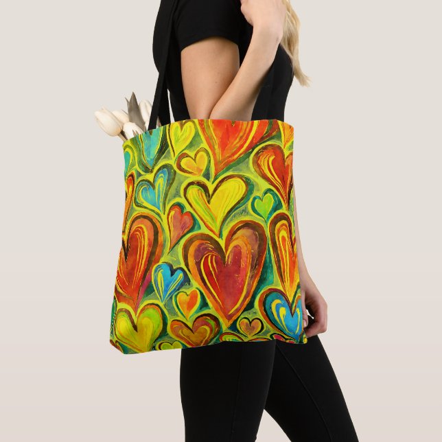 Fun Heart Pattern Yellow Mix Tote Bag (Close Up)