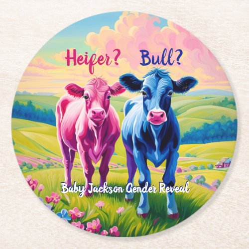 Fun Heifer or Bull Gender Reveal  Round Paper Coaster