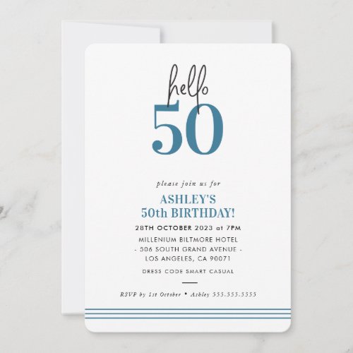FUN hello 50 modern 50th birthday party blue Invitation