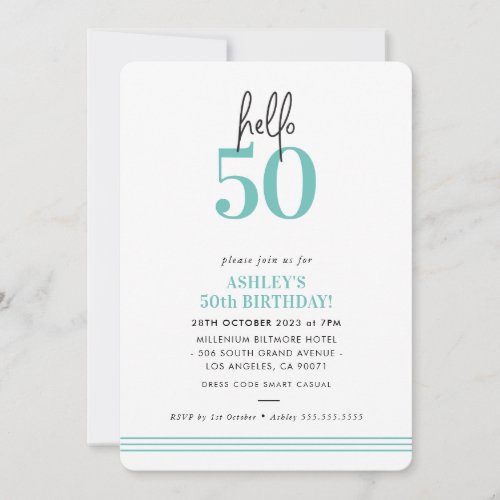 FUN hello 50 modern 50th birthday party mint Invitation