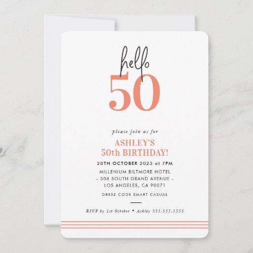 FUN hello 50 modern 50th birthday party orange Invitation