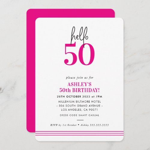 FUN hello 50 modern 50th birthday party pink Invitation