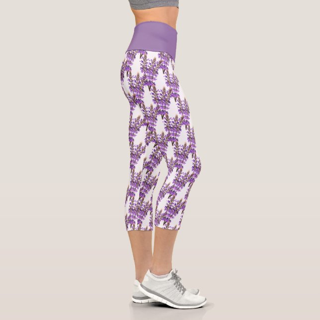 Fun Herb Print Lavender Flowers on White  Capri Leggings (Right)