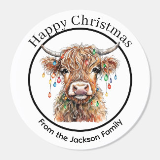 Fun Highland Cow with Christmas Lights Personalize Classic Round Sticker