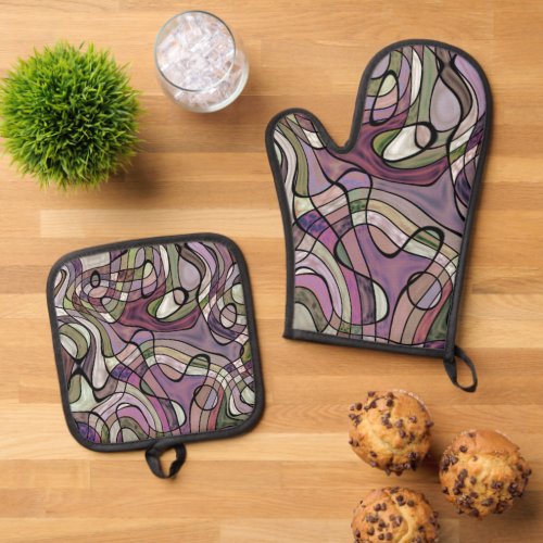 Fun Hip Purple Violet Black Mosaic Art Pattern Oven Mitt  Pot Holder Set