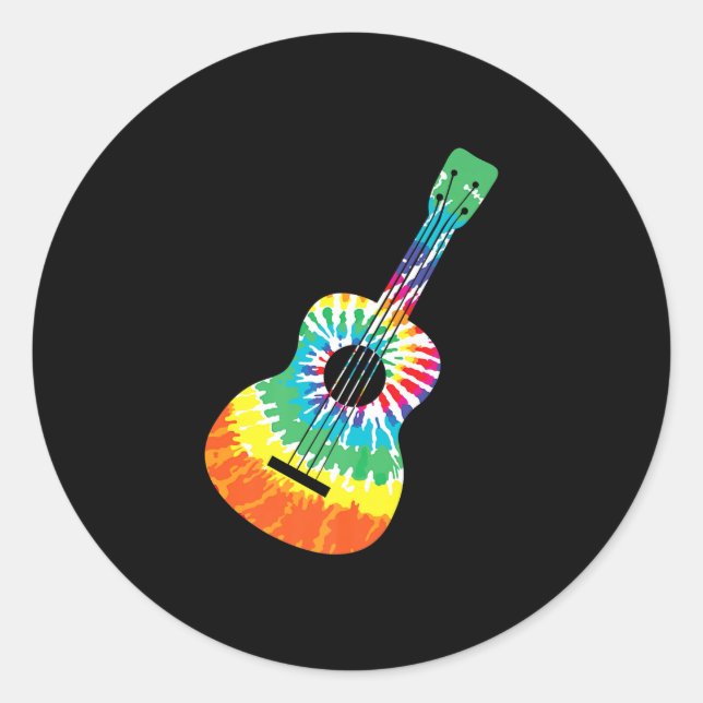 Fun Hippie Rainbow Tie Dye Acoustic Guitar Premium Classic Round Sticker (Front)