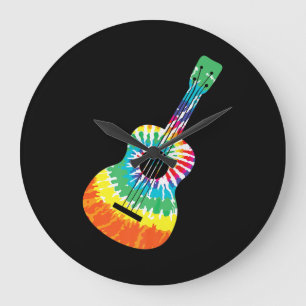 Fun Hippie Rainbow Tie Dye Acoustic Guitar Premium Large Clock