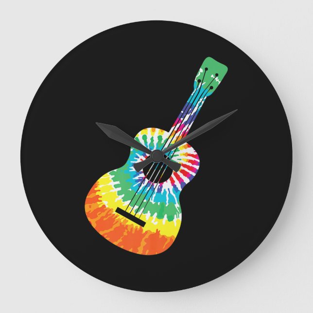 Fun Hippie Rainbow Tie Dye Acoustic Guitar Premium Large Clock (Front)