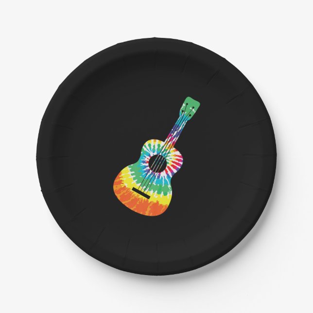 Fun Hippie Rainbow Tie Dye Acoustic Guitar Premium Paper Plates (Front)
