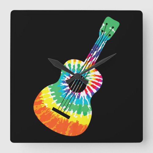 Fun Hippie Rainbow Tie Dye Acoustic Guitar Premium Square Wall Clock