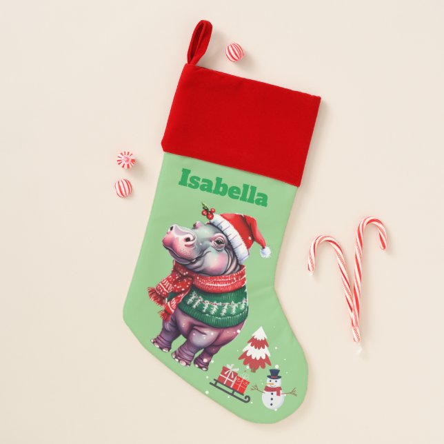 Fun Hippo Santa animal snowman Sled Xmas tree Christmas Stocking (Front)