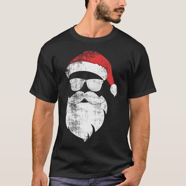 Fun Hipster Santa Face With Hat Beard And Gles Chr T-Shirt (Front)