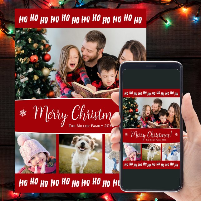 Fun Ho Ho Ho Christmas Text Four Photo Holiday Card (Creator Uploaded)