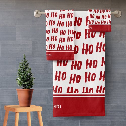 Fun Ho Ho Ho Text Red Holiday Pattern Christmas Bath Towel Set