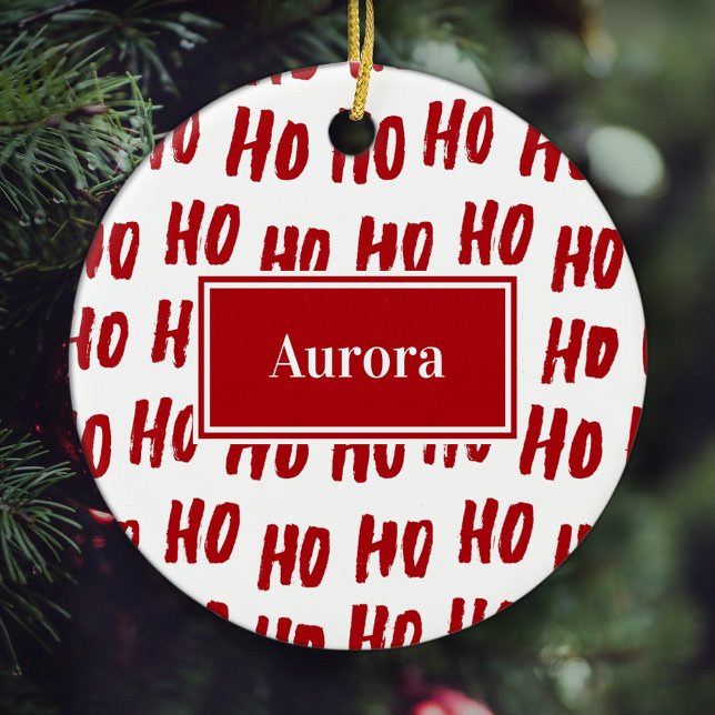 Fun Ho Ho Ho Text Red Holiday Pattern Christmas Ceramic Ornament (Creator Uploaded)