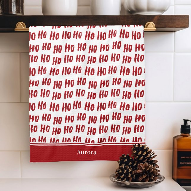 Fun Ho Ho Ho Text Red Holiday Pattern Christmas Kitchen Towel (Creator Uploaded)