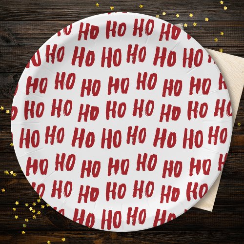Fun Ho Ho Ho Text Red Holiday Pattern Christmas Paper Plates
