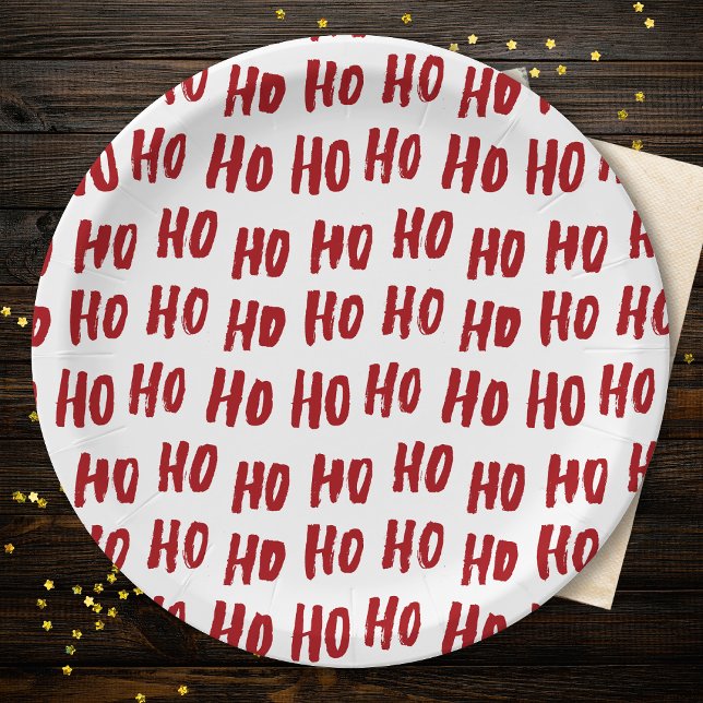 Fun Ho Ho Ho Text Red Holiday Pattern Christmas Paper Plates (Creator Uploaded)