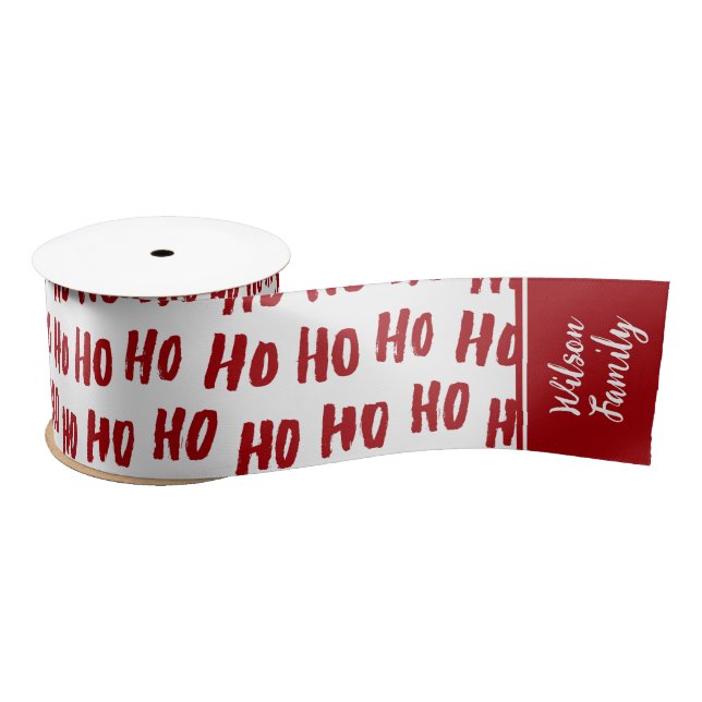 Fun Ho Ho Ho Text Red Holiday Pattern Christmas Satin Ribbon (Spool)