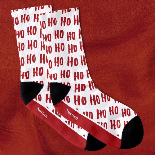 Fun Ho Ho Ho Text Red Holiday Pattern Christmas Socks