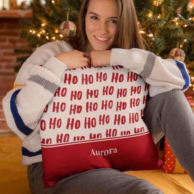Fun Ho Ho Ho Text Red Holiday Pattern Christmas Throw Pillow (Creator Uploaded)