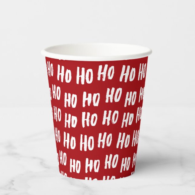 Fun Ho Ho Ho Text Red Holiday Pattern Christmas v2 Paper Cups (Front)