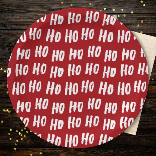 Fun Ho Ho Ho Text Red Holiday Pattern Christmas v2 Paper Plates
