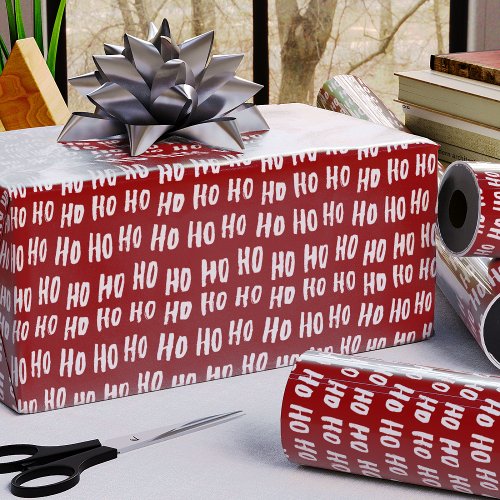 Fun Ho Ho Ho Text Red Holiday Pattern Christmas v2 Wrapping Paper