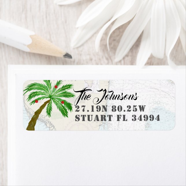 Fun Holiday Palm Tree Latitude Longitude Nautical Label (Insitu)