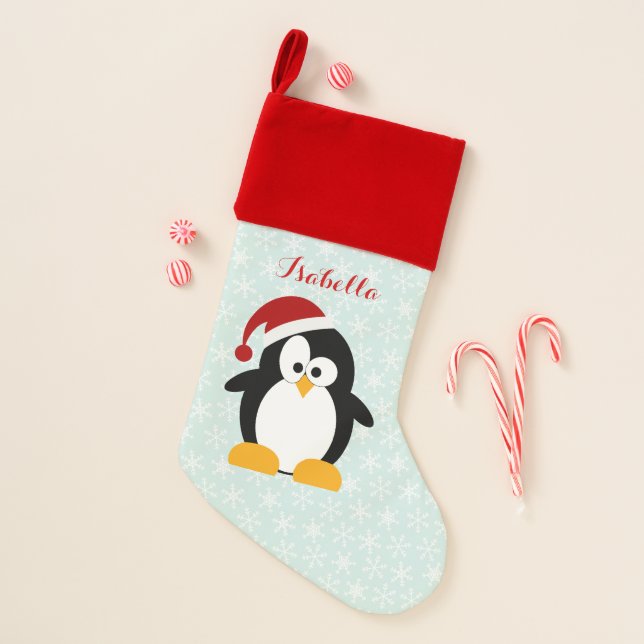 Fun Holiday Penguin Kids Personalized Christmas Stocking (Front)