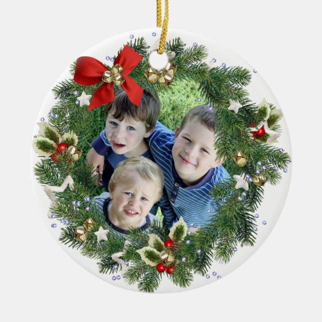 Fun Holiday Wreath Photo Frame Merry Christmas Ceramic Ornament (Front)
