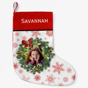 Fun Holiday Wreath Photo Frame Red Snowflakes Small Christmas Stocking