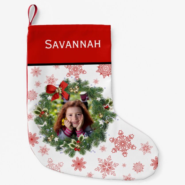 Fun Holiday Wreath Photo Frame Red Snowflakes Small Christmas Stocking (Front)