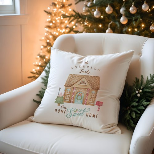 Fun Home Sweet Home Watercolor Gingerbread House Throw Pillow