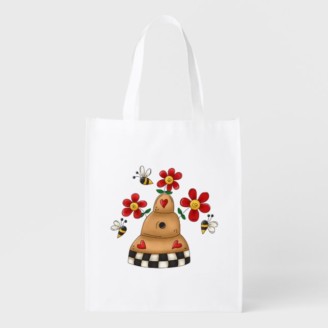 Fun honey beehive, flowers, bees reusable grocery bag (Front)