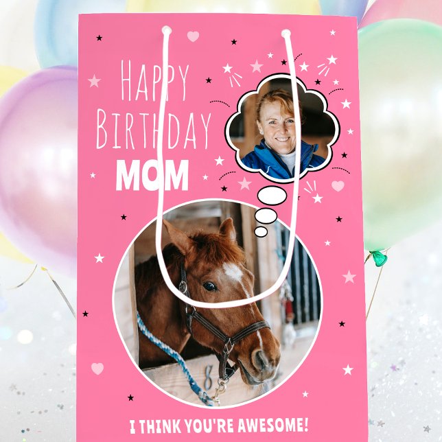 Fun Horse Mom Birthday Thought Bubble Photo Pink Medium Gift Bag (Creator Uploaded)
