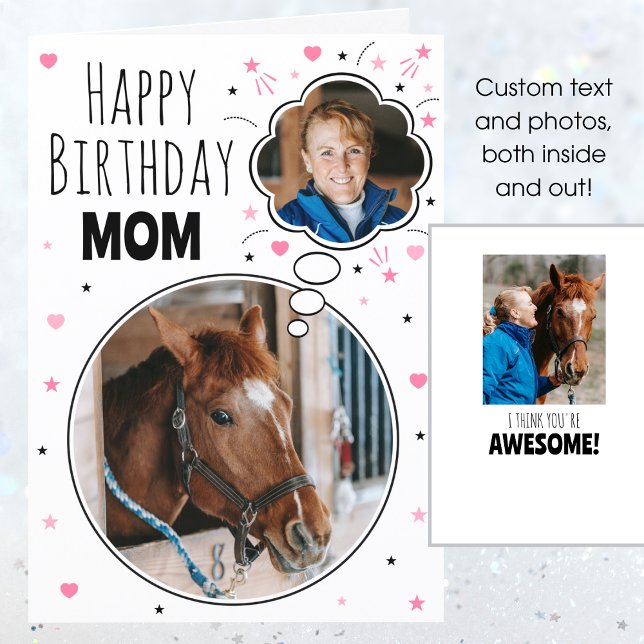 Fun Horse Mom Birthday Thought Bubble Photo White Card (Creator Uploaded)