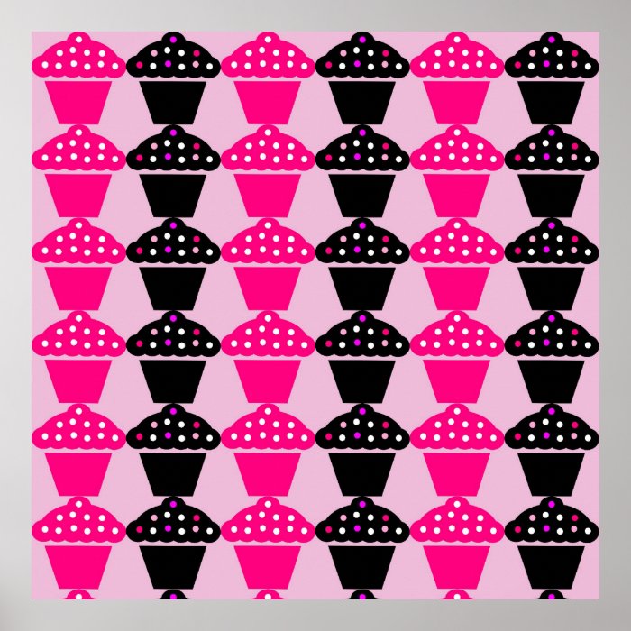 Fun Hot Pink and Black Cupcake Pattern Posters