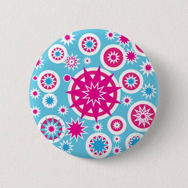 Fun Hot Pink and Blue Snowflake Stars Design Pinback Button (Front)