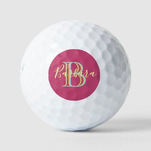 Fun Hot Pink Blue Yellow Custom Monogram Name   Golf Balls
