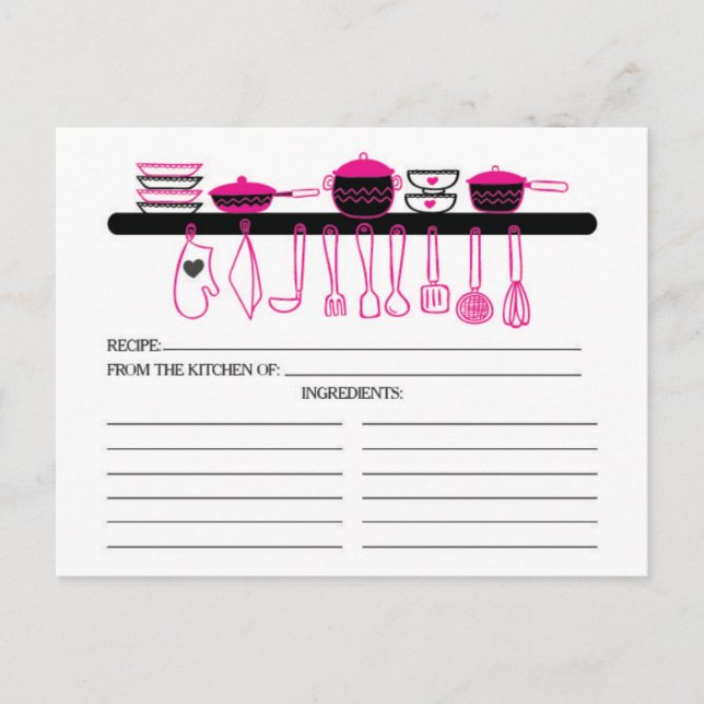 Fun Hot Pink Kitchen Gadgets Bridal  Recipe Cards (Front)