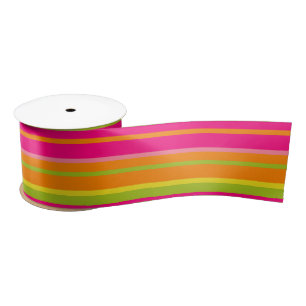 Fun Hot Pink, Lime Green and Deep Orange Stripes Satin Ribbon