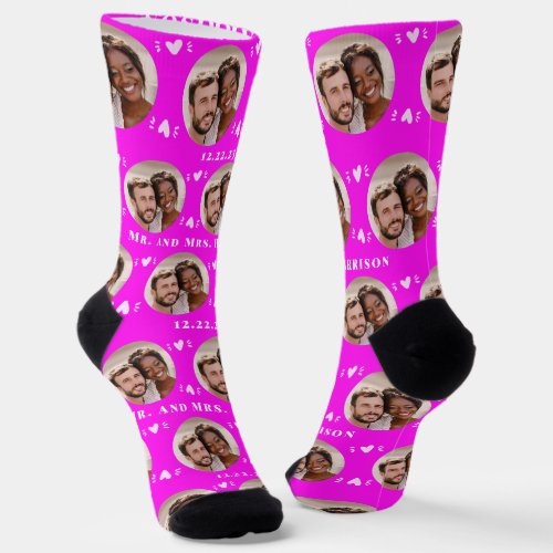 Fun Hot Pink Newlyweds Photo Pattern Socks