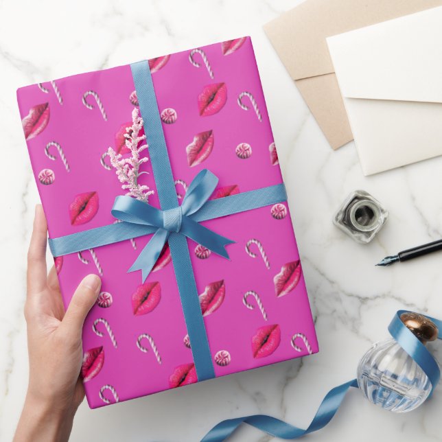 Fun Hot Pink Peppermint Kisses Design  Wrapping Paper (Gifting)